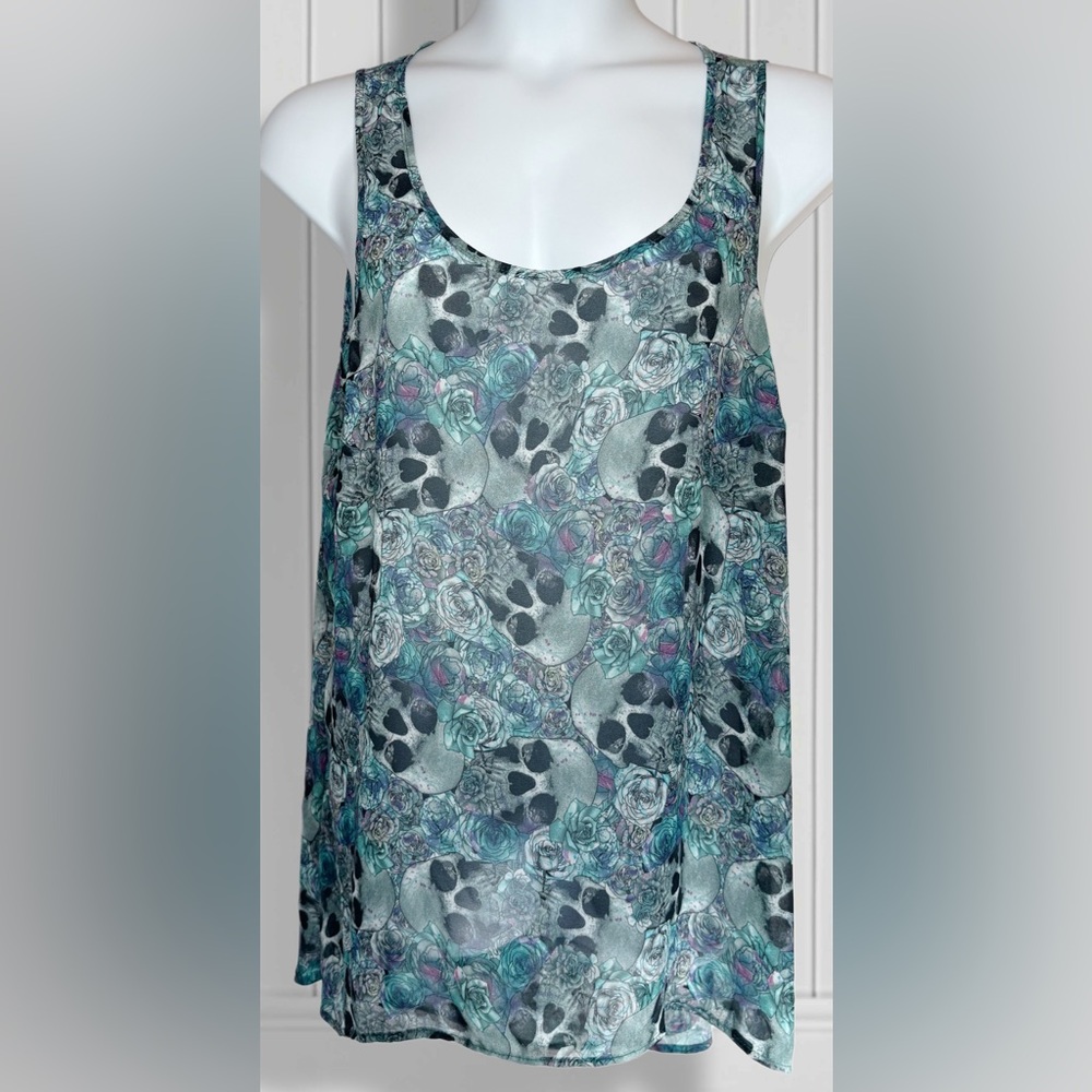 Vintage Hi-Low Whimsigoth Festival Boho Sheer Floral Skull Patterned Tank Top